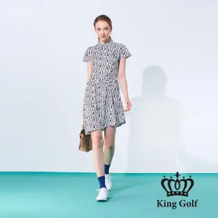 【KING GOLF】實體同步款-女款滿版字母印花刺繡涼感收腰短袖連身裙/高爾夫球洋裝(黑色)