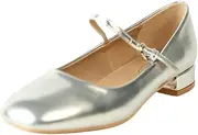 [Fashion Thirsty] Women Girls Low Block Heel Shoes Mary Jane Pumps Ladies Kids Formal Office School Smart Shoe Ankle Strap Closed Toe Wide Fit Fitting Shoe, Silver Metallic, 6