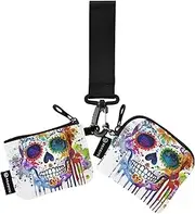 [XYMZR] Mini Zip Around Wristlet keychain Wallet Sugar Skull Watercolor for Women Personalized Pattern Detachable Dual Pouch Wristlet Portable Wallet Phone Coin Purse, Multi-colored, One Size
