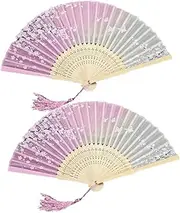 [Cabilock] 2pcs Folding Fans Handheld Chinoiserie Decor Japandi Decor Retro Decor Folding Dancing Fan Chinese Decor Vintage Decor Hand-held Bamboo Chinese Fan Pink Antique Chinese Style