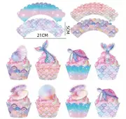24pcs Mermaid Theme Cupcake Toppers and Wrappers Kids Under the Sea Birthday Cake Decorations
