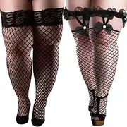 [Shyyween] 2 Pcs Plus Size Thigh High Fishnet Stockings, Black Stay up Lingerie Bow/Lace Top Pantyhose Lace Stockings for Curvy Women Plus Size Valentine's Day Dress, Black