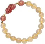 [QSAENHA] Feng Shui Wealth Bracelet Golden Rutilated Crsytal Strawberry Quartz PiXiu Bracelet Multi-Gem Natural Quartz Amulet Pi Yao Lucky Charm Bracelet Chakra Spiritua Wealth Against Evil Spirits/1964