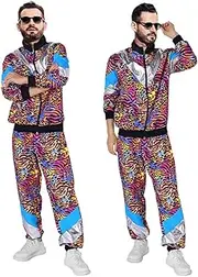 [AutoWT] 70s 80s Shell Suit with Leopard Pattern, Women Men Lightweight Long Sleeve Zippered Jacket Pant Set, Color Block Retro Disco Sportswear Hip Hop Tracksuit for Rock Festivals Carnival Party