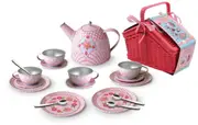 18pc Kaper Kidz Children's Floral Tin Tea/Teacup Set In Picnic Basket 3y+