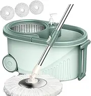DUUKOA Spin Mop with Basket - System Stainless Steel 360° Spinning mop and Bucket with Wringer Set Mop Bucket Floor Cleaning System, 49" Extended Handle and 3 Microfiber Heads (Light Cyan)