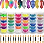 U-Shinein Pigment Nail Powder, Chrome Mirror Nail Powder Luminous Pearlescent Nail Powder Chameleon Acrylic Nail Powder Fluorescent Holographic Powder Nail Art DIY Manicure Powder Sticks (36 Colors 02)