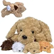 Plush Mother Dog with 4 Cute Baby Puppies – Soft Stuffed Labradoodle Dog Animal Toy Set for Kids with Giftable Canvas Bag