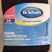 Dr Scholls Travel Compression Socks Knee High 3 Pair Black Womens Sz 8-12