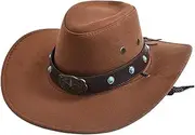 YFVFAGDMKV Vintage Artificial Suede Western Cowboy Hat for Men Wide Brim Cowgirl Jazz Cap with Leather Sunshade Cowboy Hat(2)