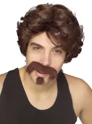 Big Jon Mens Brown 80s Costume Wig And Moustache Set