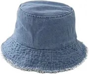 [CHRISK] Unisex Tassel Washed Denim Bucket Hats for Women Men Vintage Foldable Cotton Panama Bob Cap Gorros Outdoor Beach Fishing Sun Hat (Color : Blue, Size : 54-58cm)