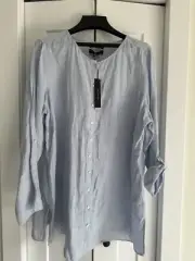 Tahari Linen Tunic Top Size 1X Womens Blue Woven Long Roll Tab Sleeve Oversized