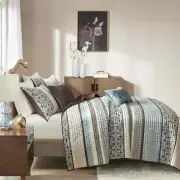 NEW! ~ COZY CHIC LODGE BLUE BROWN WHITE GREY LOG CABIN LEAF STRIPE QUILT SET NEW