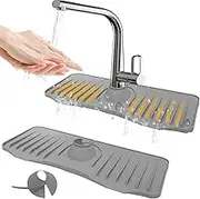 2 Pcs Kitchen Sink Faucet Mat-Silicone Sink Splash Guard With Adjustable Cable Ties, Sink Sponge Holder With Slope For Self Draining (14.5 * 5.3 in)