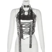 Halter-Neck Plain Metallic Cut-Out Slim-Fit Crop Camisole Top Silver - L