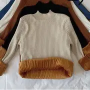 Fleece-Lined Long-Sleeve Mock-Turtleneck Plain Knit Top Khaki - One Size
