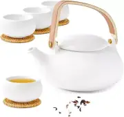 ZENS Ceramic Teapot with Infuser, Bentwood Handle 04-White Teapot/4 Cups