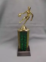 male dribbler BASKETBALL trophy wide green column weighted black base