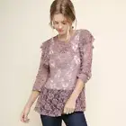 Umgee Lace Top Dusty Mauve Pink 3/4 Sleeve Crochet Chest Ruffle Shoulder NEW
