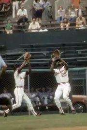Paul Blair and Don Baylor Baltimore Orioles tracks a fly ball at - 1974 Photo