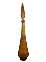 Empoli MCM Amber Art Glass Genie Bottle FLOWER 22 1/2” hobnail Vintage Decanter