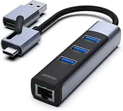 BENFEI 2-in-1 USB-C USB 3.0 to Gigabit Ethernet Adapter, 3-Port USB 3.0 Hub with RJ45 Compatible with MacBook Pro/Air 2023, iPad Pro, iMac, S23, XPS 17, Surface Book 3 and More