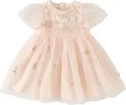 [DAVE & BELLA] Toddler Baby Girl Tutu Dress, Ruffle Short Sleeve Summer Tulle Dresses Tiered Pleated Floral Princess Sundress