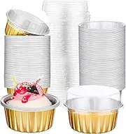 Gandeer 200 Pack Aluminum Foil Cupcake Liners with Lids,5 oz Round Baking Cup for Wedding Party, Disposable Tart Pie Ramekin, Mini Cake Tins Flan Mold Cake Container for Pudding(Gold)