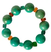 Bracelet, Elastic Stretch - 9 Blue-Green Turquoise Rounds, Faceted Czech Accents