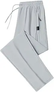 [Generic] Men Jogging Pants Workout Gym Quick-Drying Breathable Ice Silk Sweatpants Loose Stretch Zipper Pocket Trousers