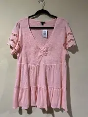 Torrid 2X Plus Pink Peach Smocked Eyelet Short Sleeve Tunic Top f1