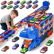 Toddler Car Truck Toys Gifts for 3 4 5 Years Old Boys, Toy Cars Track Set Dinosaur Transport Truck with 12 Pcs Die-Cast Cars Toys, Transforms into Dino, Toy Gifts for 3 4 5 6 Year Old Boys