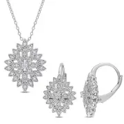 Amour Sterling Silver Diamond Cluster Leverback Earrings Pendant & Chain Set