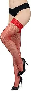 [looksy] Italian Fishnet Stockings Lace Top Transparent Nylon Mesh Lingerie Sexy Thigh High Silicone Diamond Hosiery, Rossa, Medium-Large