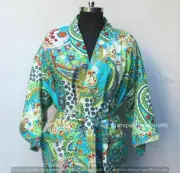 Paisley Full Length 3/4 Sleeves Turquoise 100% Cotton women Kimono Dress Robe