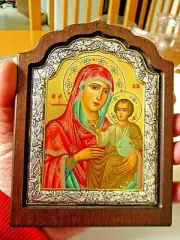LARGE SILVER-GILT OKLAD ICON "VIRGIN OF JERUSALEM" BLESSED IN JERUSALEM #Y