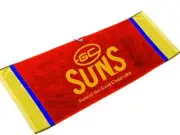 OFFICIAL AFL JACQUARD GOLF TOWEL - GOLD COAST SUNS - BRAND NEW - VALUE PLUS!!