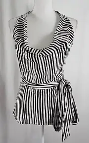New Ann Taylor Women Blouse Black White Stripes Cowl Neck Tie Belt Polyester 10