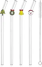 4 Pcs Christmas Reusable Glass Straws with Cleaning Brush, Cute Colorful Christmas Glass Straws Shatter Resistant, Clear Glass Straws with Charms, Christmas Party Favors
