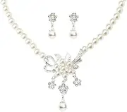 [YangQian] Wedding Jewelry Set for Brides Bridal Jewelry Sets for Women Pearl Necklace and Earring Set Faux Pearl Flower Necklace Earrings Silver