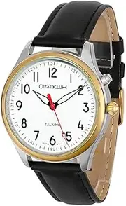 QIATKWH German Talking Watch, Gold and Silver Double Colour Bowl, Black Leather Strap, Men's Style