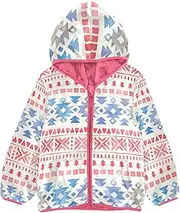 [GuoChe] Girls Sherpa Lined Hoodie Ethnic Winter Red Blue Geometric Toddler Boy Zip Up Jacket Peach Trendy Baby Girl Clothes