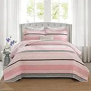 Homzard Quilts Queen Size, Cotton Comforter Set, Light Pink and Grey Queen Bed Set, Lightweight Striped Bedding, Farmhouse Bedspread All Season 3 Pieces