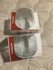 McDonalds Cups x 2 THE BIG MAC PATTERN Glass 50 Years Coke WOBBLING 2021 Maccas