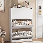 Shoe Storage Cabinet, Wood Shoe Organizer for Entryway with 3 Flip Drawers, Freestanding Shoe Rack with Adjustable Shelf, Narrow Shoe Dresser for Front Door Entrance(White, 47.2" x 31.5" x 9.25")