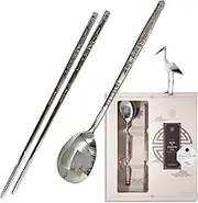 Balwoo [5 Sets][Made in Korea] Sticky Korean Style Rice Spoon Chopsticks Set 430 Stainless Steel Soup Spoon Ramen Noodle Chopsticks Flatware (Crane)
