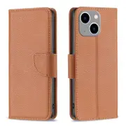 For iPhone 15 Plus Case, Lychee PU Leather Wallet Cover, Brown