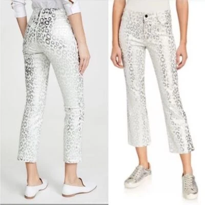 J Brand Selena Snow Leopard Pants Crop Bootcut Ribbed Metallic Coated Sz 28