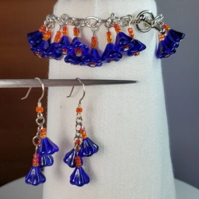 Charm Bracelet Earrings Set Handmade Turquoise Czech Glass Flower Beads Dangle